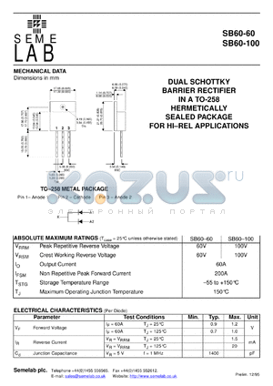 SB60-100M datasheet - 100V, 60A Dual Schottky common cathode Rectifier diode