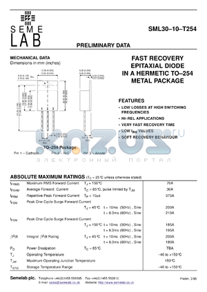 SML30-10A-T254 datasheet - 1000V, 30A High Speed Rectifier diode