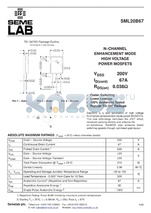 SML20B67F datasheet - 200V Vdss N-Channel+Fred FET (field effect transistor)