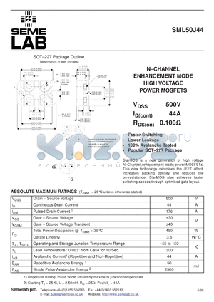 SML50J44F datasheet - 500V Vdss N-Channel+Fred FET (field effect transistor)