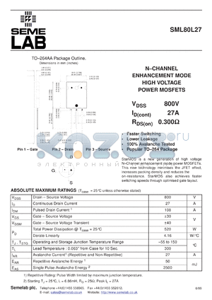SML80L27F datasheet - 800V Vdss N-Channel+Fred FET (field effect transistor)