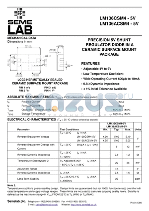 LM136CSM4-5V datasheet - Shunt Regulator Diode- 5V CSM4
