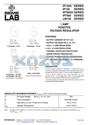 LM140AG-12 datasheet - 1.0A, 12V Positive Voltage Regulator