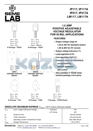 IP117K-BSS2 datasheet - 1.5A Adjustable Positive Voltage Regulator