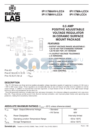 IP117MALCC4 datasheet - 0.5A Adjustable Positive Voltage Regulator
