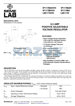LM117MH datasheet - 0.5A Adjustable Positive Voltage Regulator