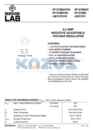 IP137MAH-883B datasheet - 0.5A Adjustable Negative Voltage Regulator