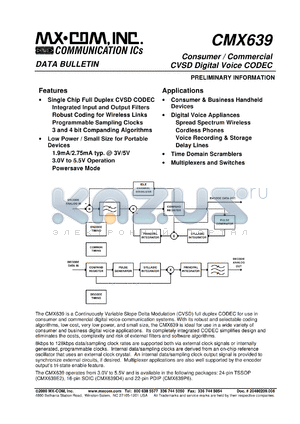 CMX639E2 datasheet - Consumer/commercial CVSD digital voice CODEC