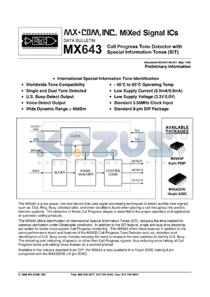 MX643DW datasheet - Call progress tone detector with special information tones (SIT)