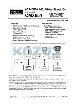 CMX654D4 datasheet - V.23 transmit modulator