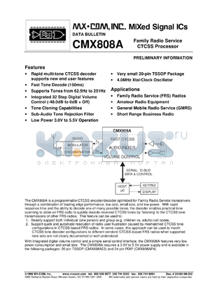 CMX808AE2 datasheet - Family radio service CTCSS processor