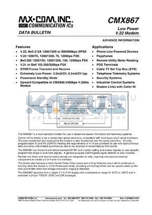 MX867E2 datasheet - Low power V.22 modem