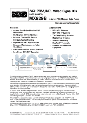 MX929BDS datasheet - 4-level FSK modem data pump