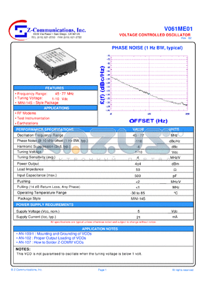 V061ME01 datasheet - 45-77 MHz VCO (Voltage Controlled Oscillator)