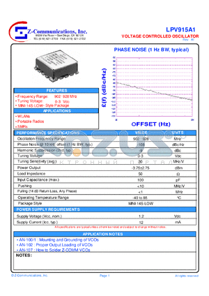 LPV915A1 datasheet - 902-928 MHz VCO (Voltage Controlled Oscillator)