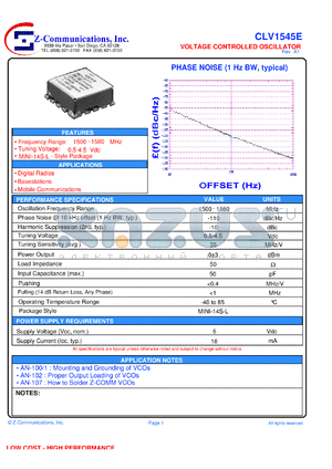 CLV1545E datasheet - 1500-1580 MHz VCO (Voltage Controlled Oscillator)