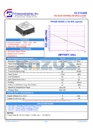 CLV1540E datasheet - 1520-1565 MHz VCO (Voltage Controlled Oscillator)