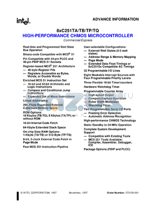 TN83C251TA datasheet - High-performance CHMOS microcontroller. 1 Kbytes RAM, 8 Kbytes ROM, 24 MHz