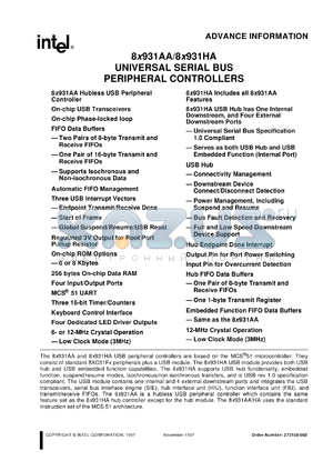 N83931HA datasheet - Universal serial bus periferal controller. RAM size 256 bytes, ROM size 8 Kbytes