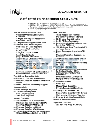 GC80960RD datasheet - i960 RP/RD I/O processor at 3.3 volts, 66 MHz version