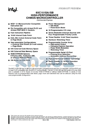 TN80C151SA datasheet - High-performance CHMOS microcontroller. 256 bytes RAM, 16 MHz