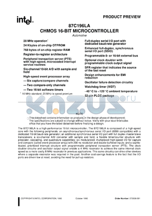 AN87C196LA-20 datasheet - CHMOS 16-bit microcontroller. 24 Kbytes OTPROM, 768 bytes RAM, 20 MHz