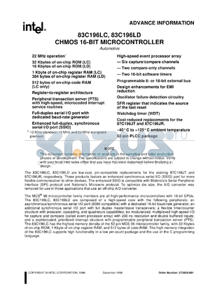 AN83C196LD-18 datasheet - CHMOS 16-bit microcontroller. 16 Kbytes ROM, 384 bytes RAM, 18 MHz