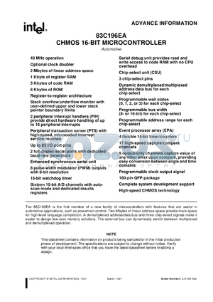 A83C196EA datasheet - CHMOS 16-bit microcontroller. 8 Kbytes of ROM, 3 Kbytes of code RAM, 1 Kbytes of register RAM, 40 MHz