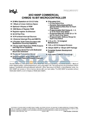 SB80C196NP25 datasheet - CHMOS 16-bit microcontroller. 25 MHz, 4.5 - 5.5 V