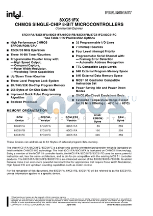 N80C51FA-33 datasheet - CHMOS single-chip 8-bit microcontroller. Commercial. ROMless version, 3.5 MHz to 33 MHz.