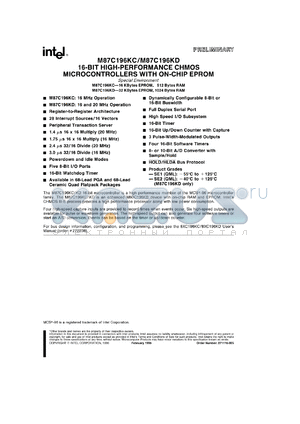 MA87C196KD datasheet - 16-Bit high-performance CHMOS microcontroller with on-chip EPROM. 32 KBytes EPROM, 1024 Bytes RAM