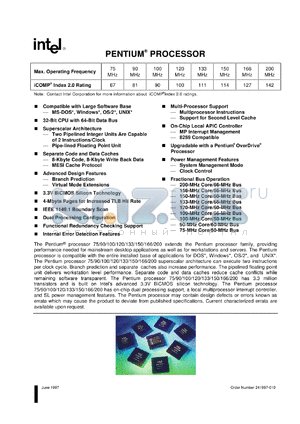 A100 datasheet - Pentium processor. Max. operating frequency 100 MHz, iCOMP index 2.0 rating 90
