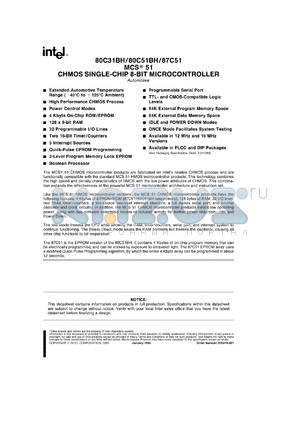 TN87C51BH datasheet - CHMOS single-chip 8-bit microcontroller. EROM 4 Kbytes, RAM 128 bytes, 32 programmable I/O lines.