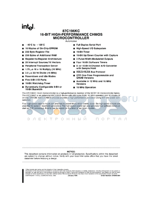 AN87C196KC datasheet - 16-bit high-performance CHMOS microcontroller. 16 Kbytes of on-chip EPROM, 232 bytes register file, 256 bytes of additional RAM
