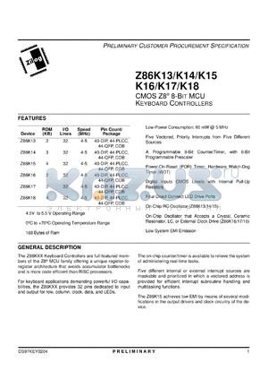 Z86K1305PSC datasheet - 5 MHz, CMOSZ8 8-bit MCU Keyboard controller. 2 Kbytes of ROM, 188 bytes of RAM