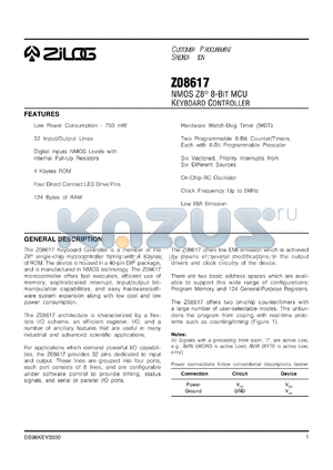 Z0861705PSC datasheet - 5 MHz keyboard controller (KBC) NMOSZ8 8-bit MCU. 4 Kbytes of ROM, 124 bytes of RAM