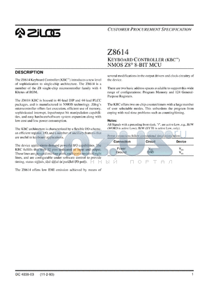 Z861405PSC datasheet - 5 MHz keyboard controller (KBC) NMOSZ8 8-bit MCU. 4 Kbytes of ROM