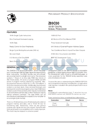 Z89C0015VSC datasheet - 15 MHz, 16-bit  Digital Signal Processor