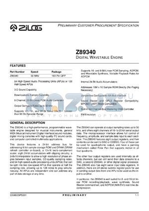 Z8934050FSC datasheet - 50 MHz Digital Wavetable Engine