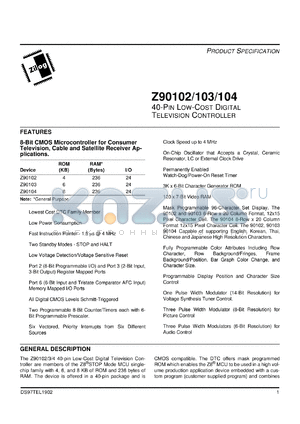 Z9010404PSC datasheet - 40-pin low-cost digital television controller. 8 Kbytes ROM, 236 bytes RAM, 24 I/O, 4 MHz