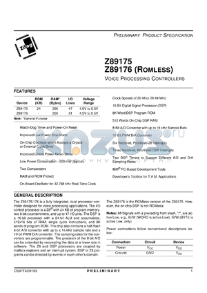 Z8917529ASC datasheet - Voice processing controller. 29.49 MHz