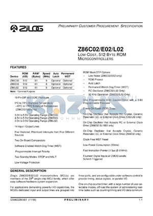 Z86E0208PSC1903 datasheet - Low-cost microcontroller. 512 bytes ROM, 61 bytes RAM, 8 MHz