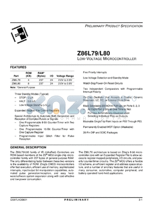 Z86L8008PSC datasheet - Low-voltage microcontroller. 8.0 MHz, 8 (KB) ROM, 237 (bytes) RAM, I/O 24,  2.0 V to 3.9 V