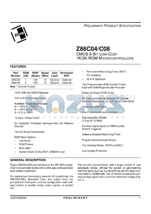 Z86C0412PSC datasheet - CMOS 8-bit low-cost microcontroller. 12 MHz, 1 Kbyte ROM, 125 bytes RAM, 3.0V to 5.5V