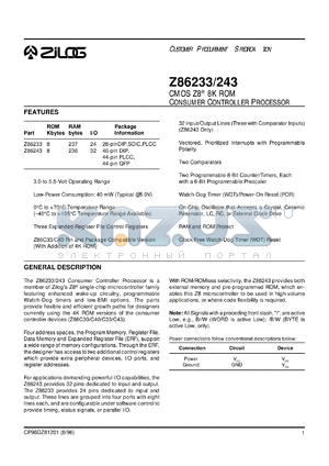 Z8624316PSC datasheet - CMOS Z8 consumer controller. 16 MHz, 8 Kbyte ROM, 236 bytes RAM, 32 I/O, 3.0V to 5.5V