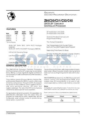 Z86C4016FSC datasheet - CMOS Z8 consumer controller processor. ROM 4 KB, RAM 236 bytes, speed 16 MHz, 32 lines I/O, 3.0V to 5.5V