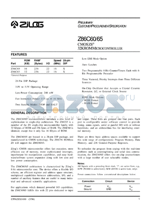 Z86C6016PSC datasheet - CMOS Z8 microcontroller. ROM 16 KB, RAM 256 bytes, speed 16 MHz, 22 lines I/O, 3.0V to 5.5V