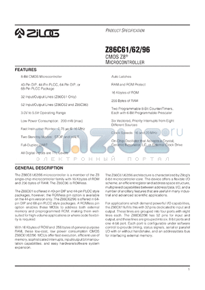 Z86C6116VEC datasheet - CMOS Z8 microcontroller. ROM 16 Kbytes, RAM 256 bytes, speed 16 MHz, 32 lines I/O, 3.0V to 5.5V