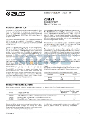 Z86E2112PEC datasheet - CMOS Z8 OTP microcontroller. EPROM 8 Kbytes, RAM 236 bytes, 12 MHz