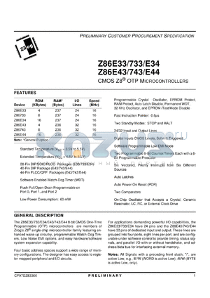 Z86E3316PSC datasheet - CMOS Z8 OTP microcontroller. ROM 4 Kbytes, RAM 237 bytes, I/O 24, speed 16 MHz, 3.5 V to 5.5 V